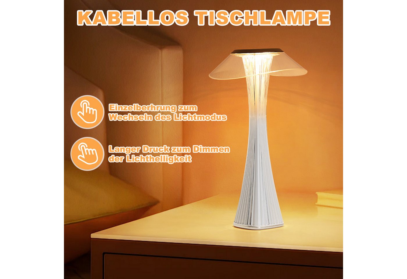 ZMH Tischleuchte Touch Dimmbar 3000-6500K Weiß/Gold Nachttischlampe mit Akku Innen