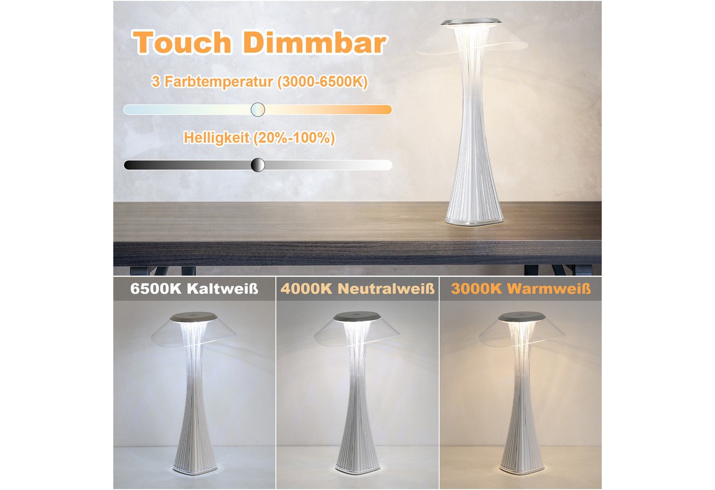 ZMH Tischleuchte Touch Dimmbar 3000-6500K Weiß/Gold Nachttischlampe mit Akku Innen Bild 3