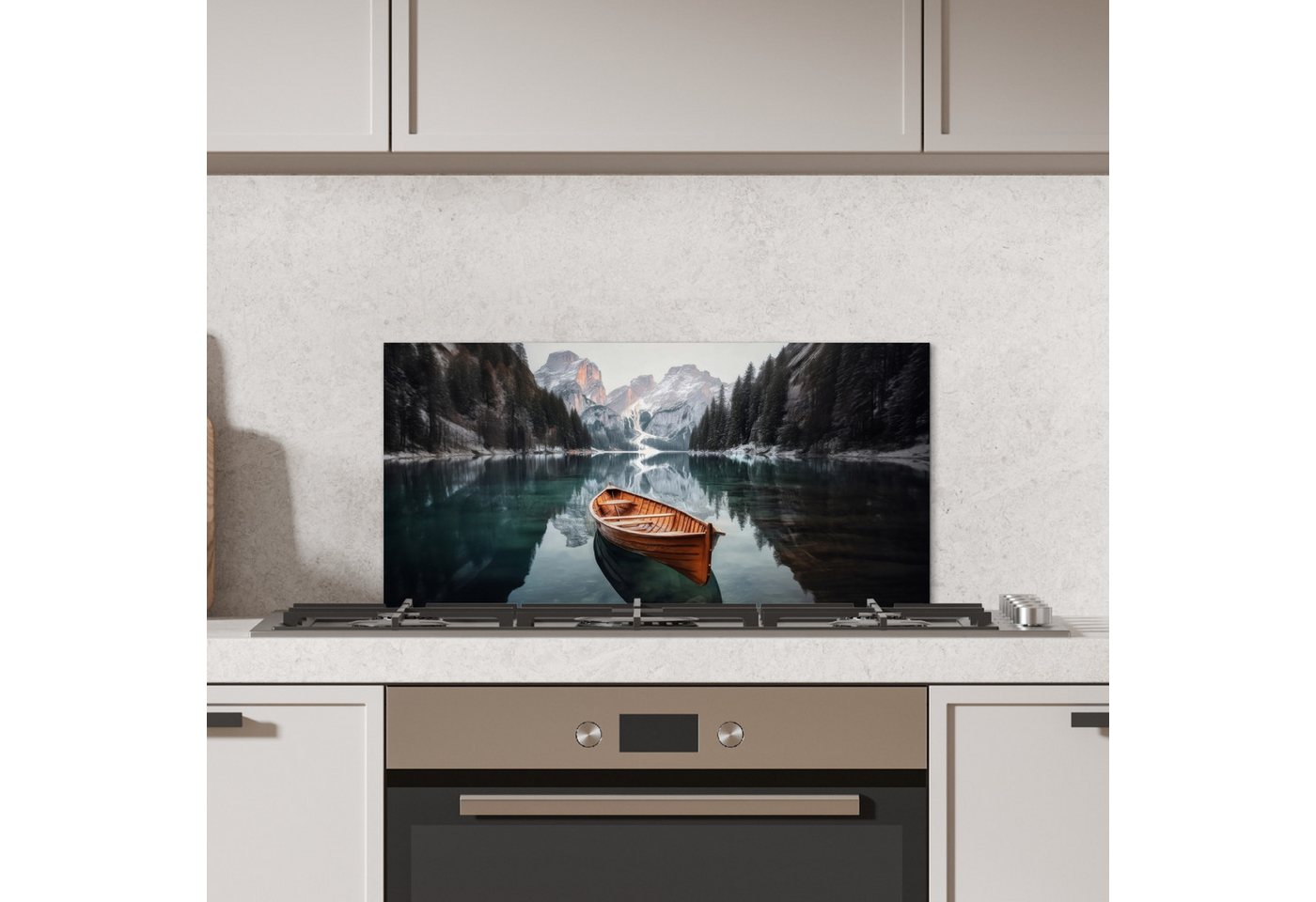 KitchenYeah Küchenrückwand Boot - Berge - Natur - Wasser, (1-tlg), Spritzschutz Küchenrückwand, Wandschutz, 60x30 cm Bild 2