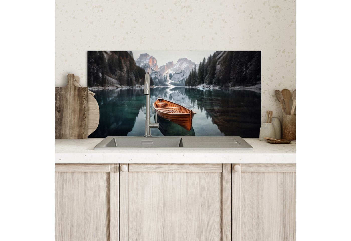 KitchenYeah Küchenrückwand Boot - Berge - Natur - Wasser, (1-tlg), Spritzschutz Küchenrückwand, Wandschutz, 60x30 cm Bild 3