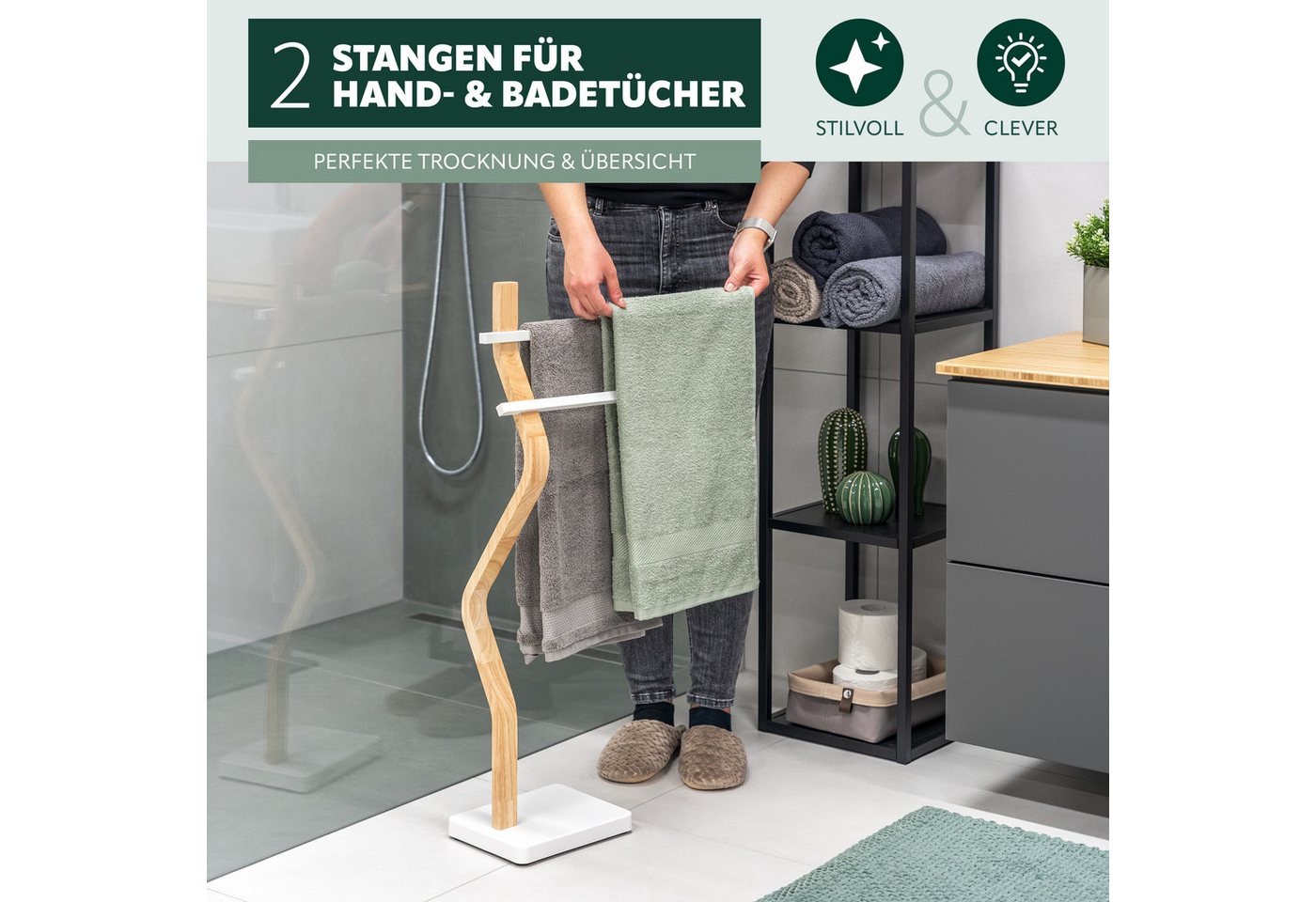eluno Handtuchhalter freistehend, 2 Stangen FSC-Holz und weißem Metall