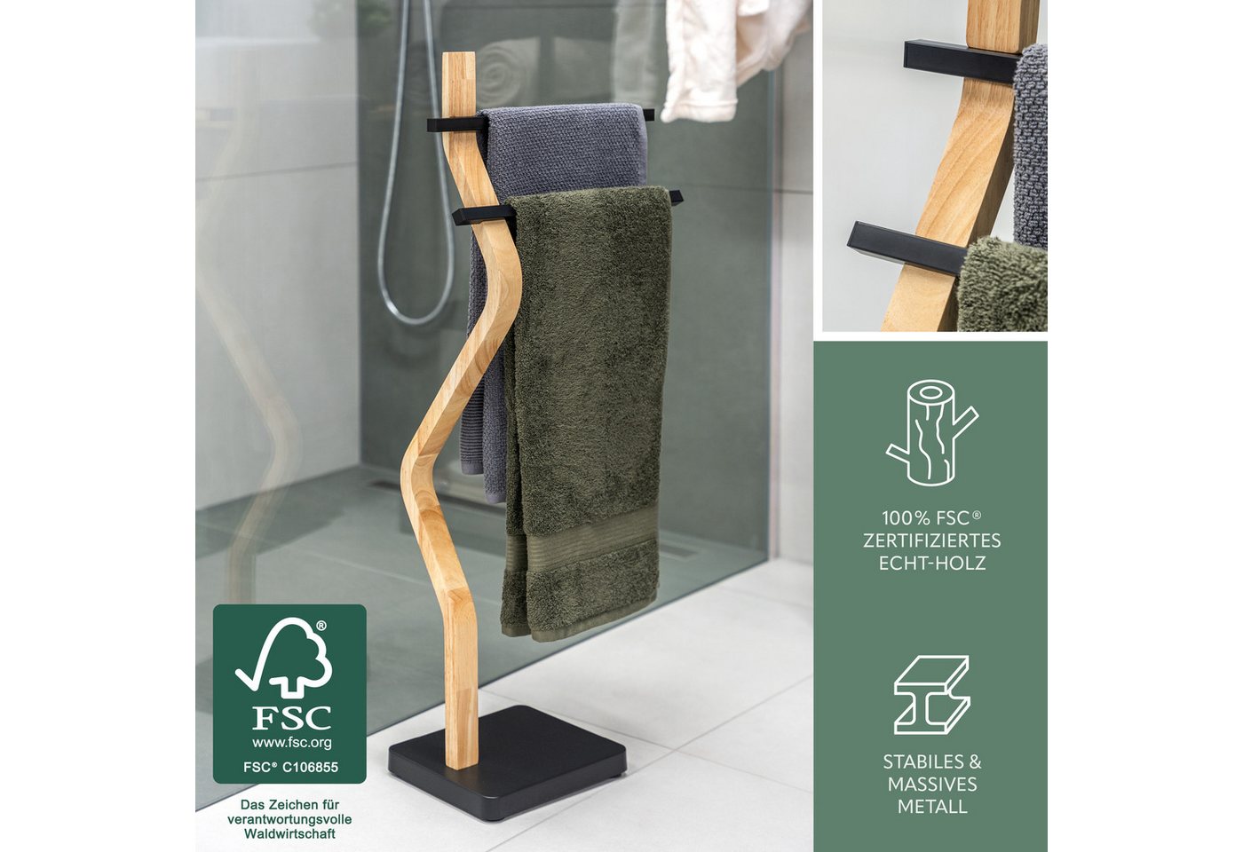 eluno Handtuchhalter freistehend, 2 Stangen FSC-Holz und schwarzem Metall