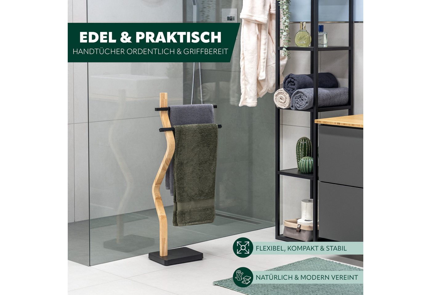 eluno Handtuchhalter freistehend, 2 Stangen FSC-Holz und schwarzem Metall Bild 2