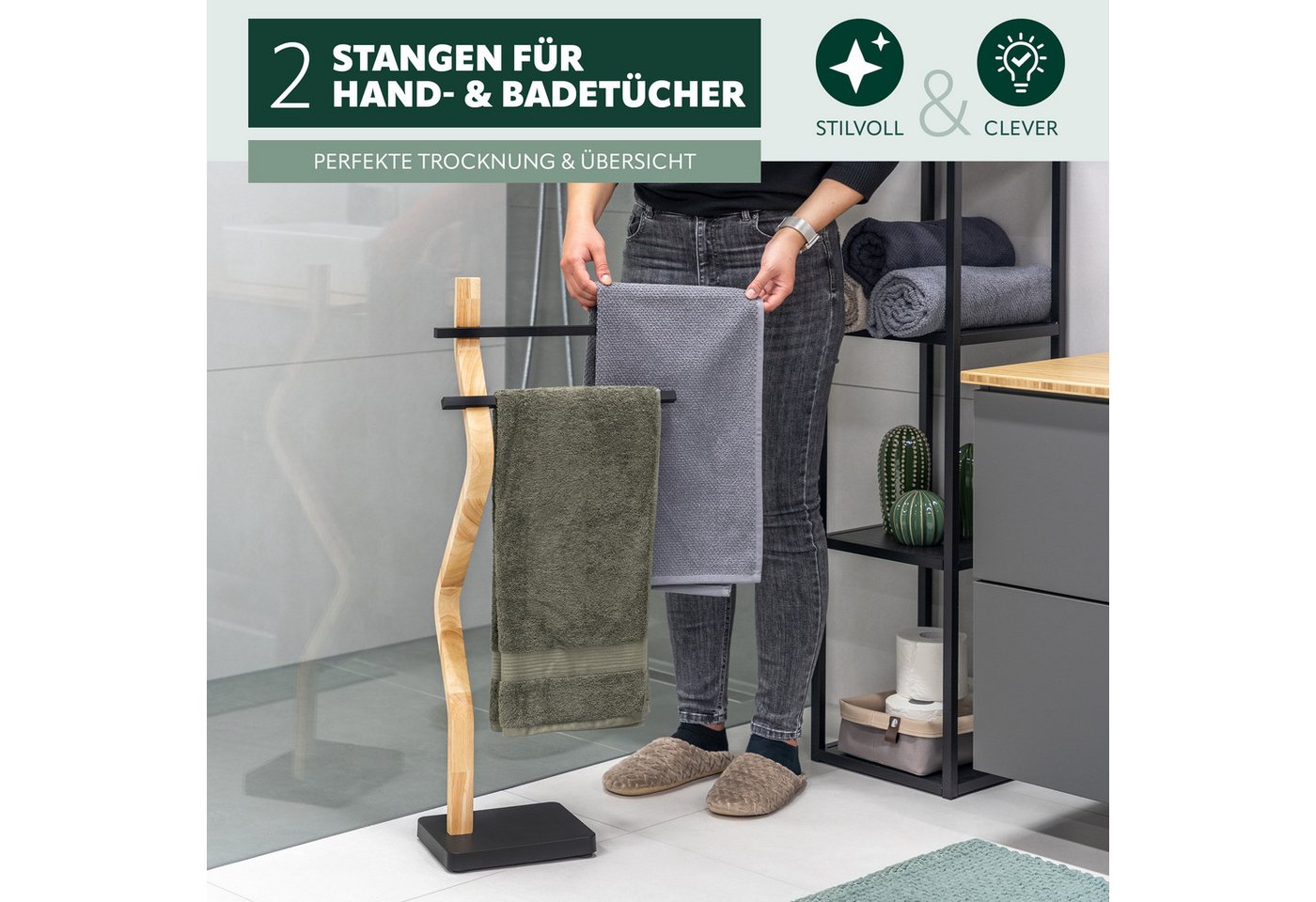eluno Handtuchhalter freistehend, 2 Stangen FSC-Holz und schwarzem Metall Bild 3