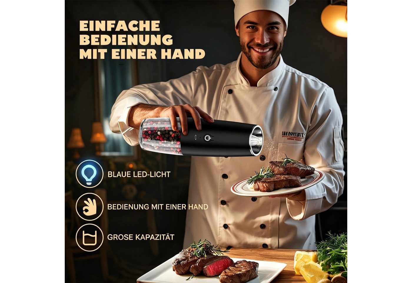 Kityhome Grinder Elektrischer Salz- und Pfeffermühlen Set, 2er Set USB Betriebsart, LED,Keramikmahlwerk,Für alle Gewürze geeignet