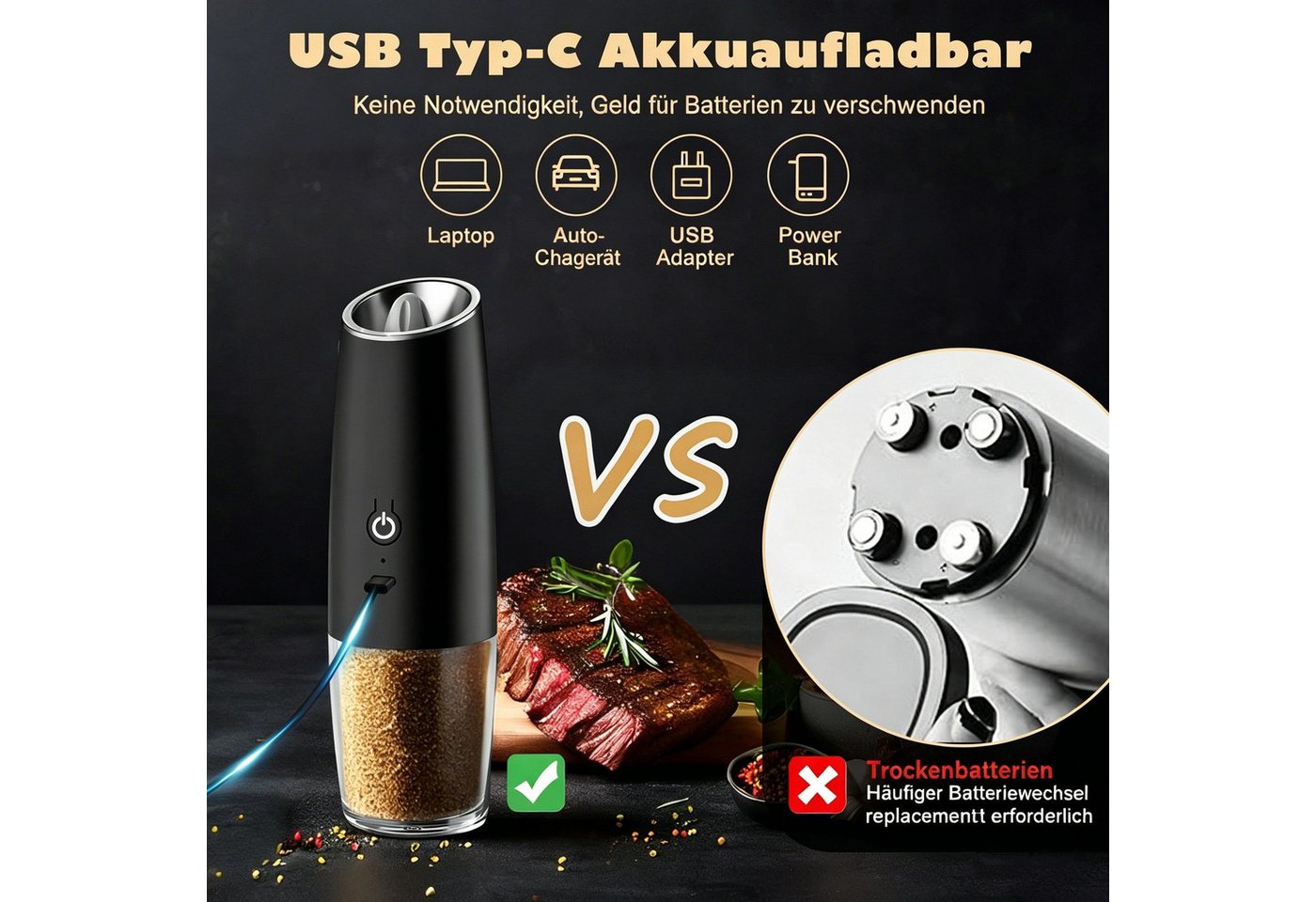 Kityhome Grinder Elektrischer Salz- und Pfeffermühlen Set, 2er Set USB Betriebsart, LED,Keramikmahlwerk,Für alle Gewürze geeignet Bild 2