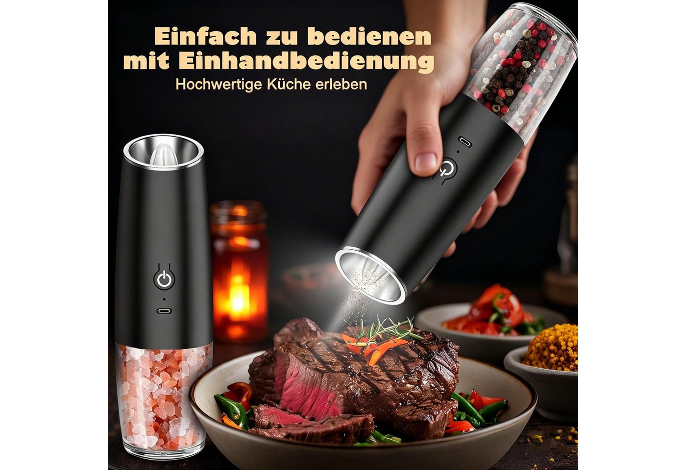 Kityhome Grinder Elektrischer Salz- und Pfeffermühlen Set, 2er Set USB Betriebsart, LED,Keramikmahlwerk,Für alle Gewürze geeignet Bild 3