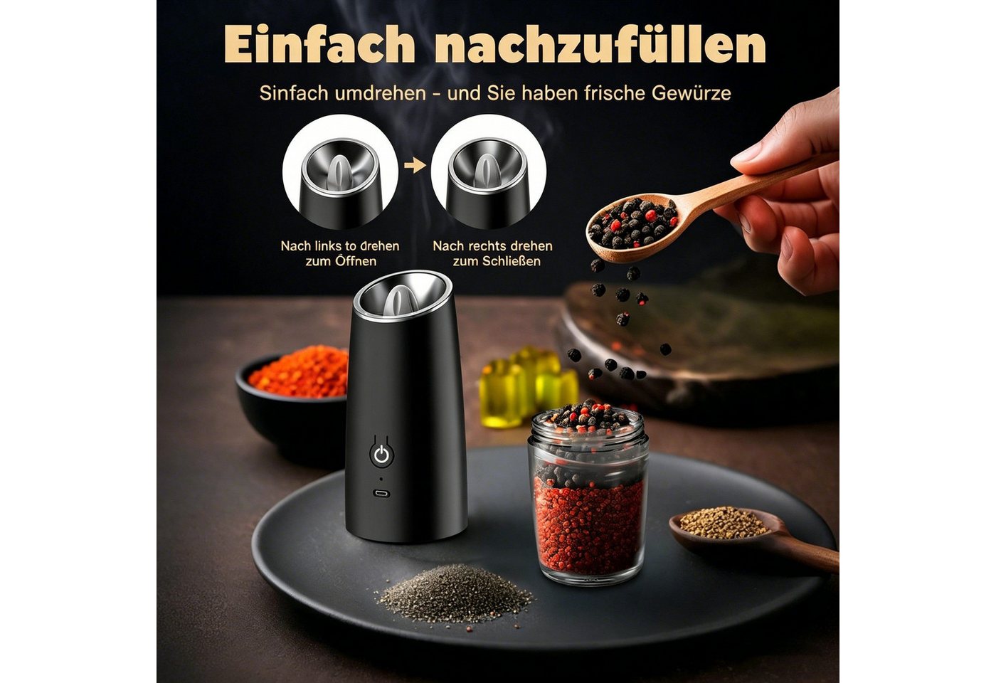 Kityhome Grinder Elektrischer Salz- und Pfeffermühlen Set, 2er Set USB Betriebsart, LED,Keramikmahlwerk,Für alle Gewürze geeignet Bild 4