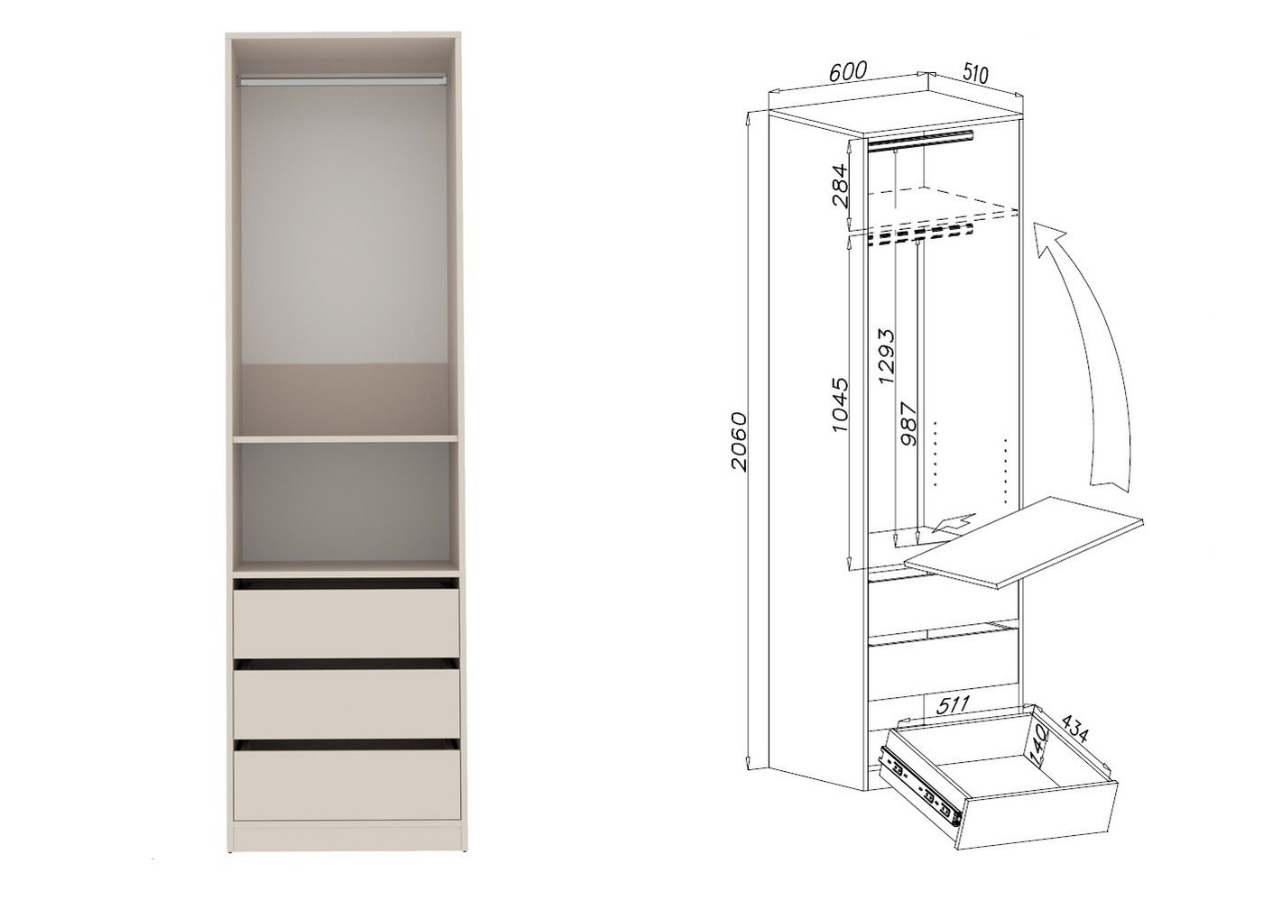 Marmex Möbel Garderobenschrank TRES SET T Kleiderschrank Modulschrank Ankleidezimmer 200 x 206 x 51 (3-St) 6 Schubladen, 3 Kleiderstangen