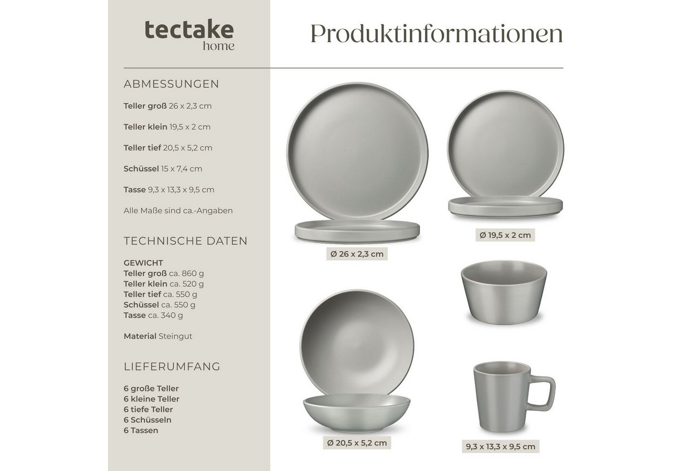 tectake Kochbesteck-Set Küchenstarterset aus Steingut mit Glasur, hitzebeständig und (Geschirrset Una/Parma, 47-tlg., in grau/schwarz), rostfreies Aluminium mit Antihaftbeschichtung, induktionsgeeignet