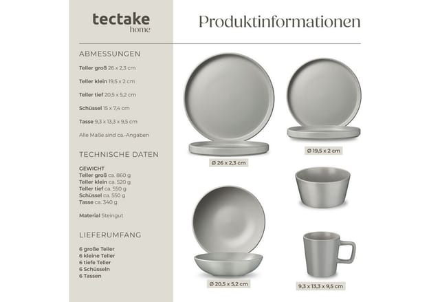 tectake Kochbesteck-Set Küchenstarterset aus Steingut mit Glasur, hitzebeständig und (Geschirrset Una/Parma, 47-tlg., in grau/schwarz), rostfreies Aluminium mit Antihaftbeschichtung, induktionsgeeignet