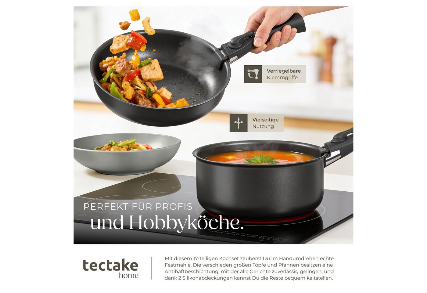 tectake Kochbesteck-Set Küchenstarterset aus Steingut mit Glasur, hitzebeständig und (Geschirrset Una/Parma, 47-tlg., in grau/schwarz), rostfreies Aluminium mit Antihaftbeschichtung, induktionsgeeignet Bild 2