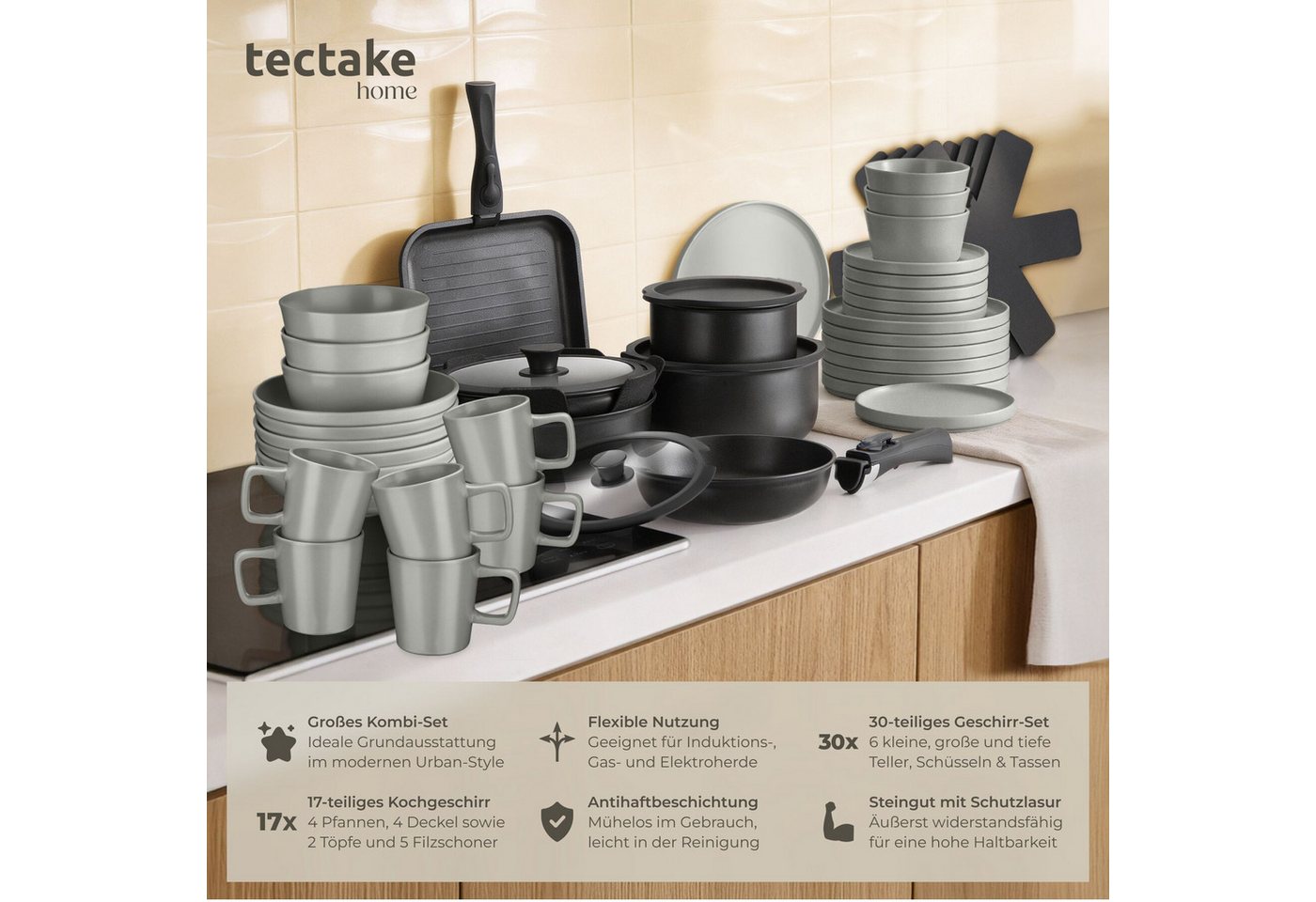 tectake Kochbesteck-Set Küchenstarterset aus Steingut mit Glasur, hitzebeständig und (Geschirrset Una/Parma, 47-tlg., in grau/schwarz), rostfreies Aluminium mit Antihaftbeschichtung, induktionsgeeignet Bild 3
