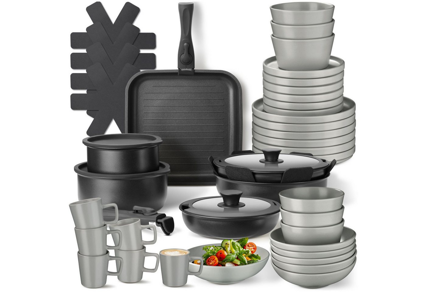 tectake Kochbesteck-Set Küchenstarterset aus Steingut mit Glasur, hitzebeständig und (Geschirrset Una/Parma, 47-tlg., in grau/schwarz), rostfreies Aluminium mit Antihaftbeschichtung, induktionsgeeignet Bild 4