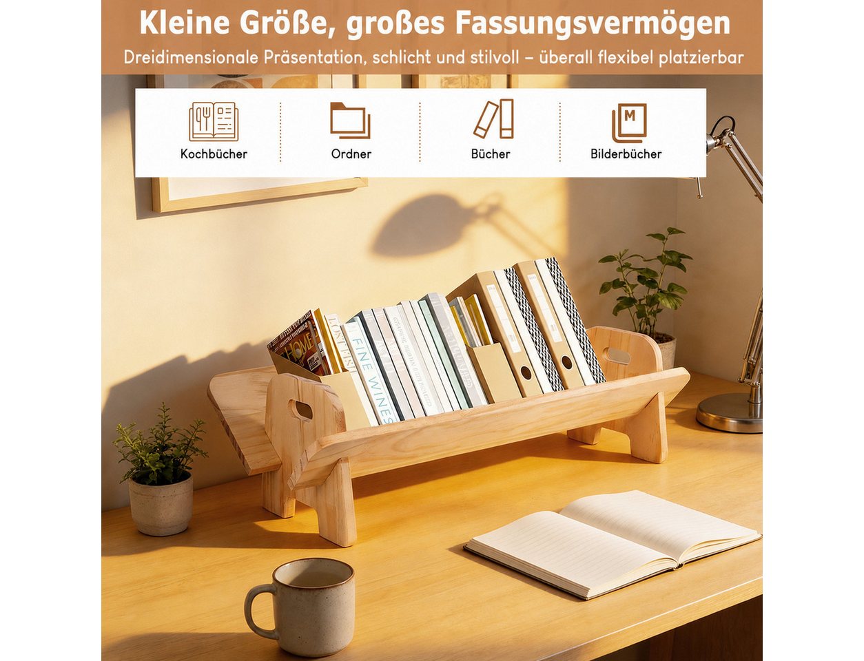 BlingBin Bücherregal Schreibtisch-Bücherregal, Organizer, Aufbewahrungsregal, 1er Set 1-tlg., Kippbares Holz Bücherregal, Tischständer für CDs/Zeitschriften/Bücher Bild 3