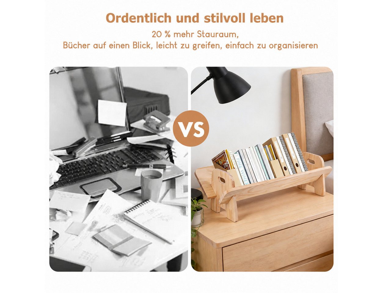 BlingBin Bücherregal Schreibtisch-Bücherregal, Organizer, Aufbewahrungsregal, 1er Set 1-tlg., Kippbares Holz Bücherregal, Tischständer für CDs/Zeitschriften/Bücher Bild 5
