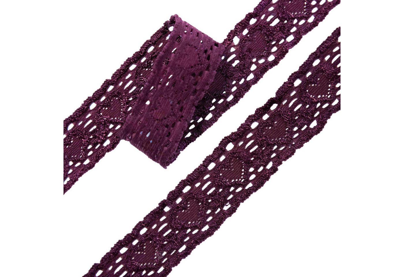 maDDma Spitzenband Spitze elastisch Herzmotiv ab 1m x 25mm Spitzenband Meterware Nylon, aubergine Bild 3