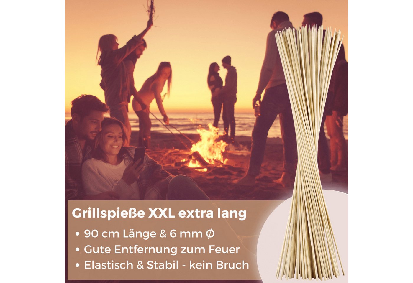 satis Lagerfeuer-Grillspieß satis 100 Stockbrot Spieße Bambus 90cm Marshmallow lebensmittelecht (100-St), Feuerschale, kindersicher, splitterfrei, lebensmittelecht, 100 Stück