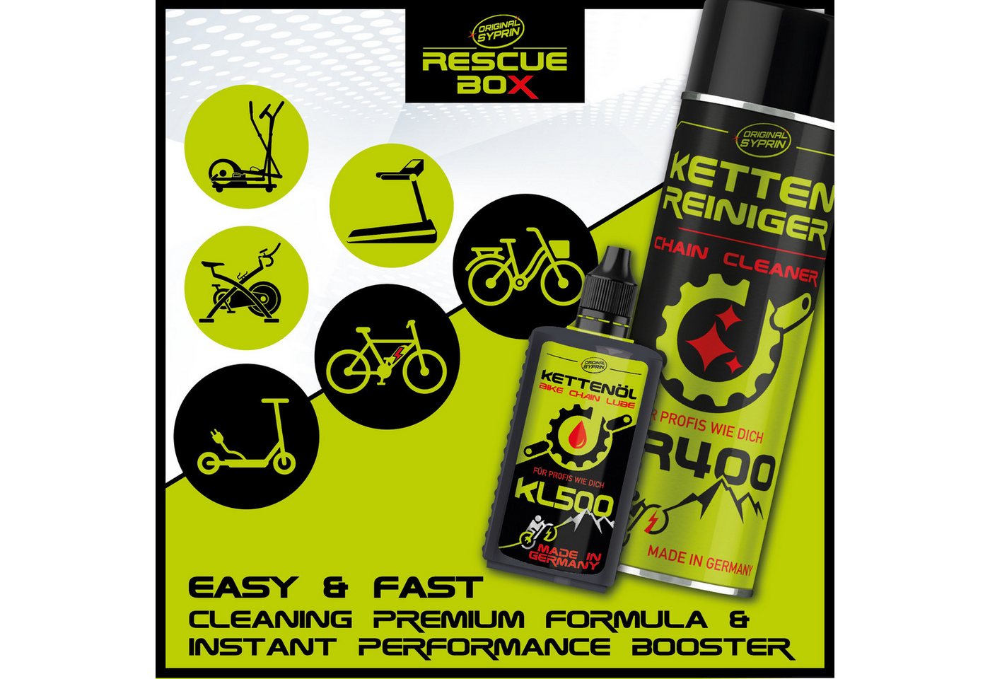 Original Syprin Fahrradöl Fahrrad Kettenöl + Kettenreiniger set, 625 ml, (Bike Rescue box set, 1-St., Kettenöl + Kettenreiniger), 1x Kettenöl (125 ml), 1x Kettenreiniger (500ml)