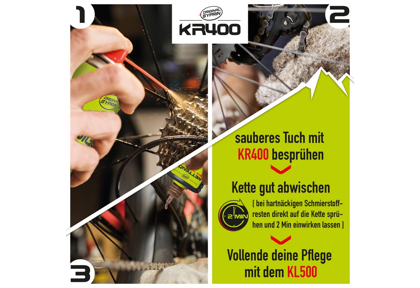 Original Syprin Fahrradöl Fahrrad Kettenöl + Kettenreiniger set, 625 ml, (Bike Rescue box set, 1-St., Kettenöl + Kettenreiniger), 1x Kettenöl (125 ml), 1x Kettenreiniger (500ml) Bild 2
