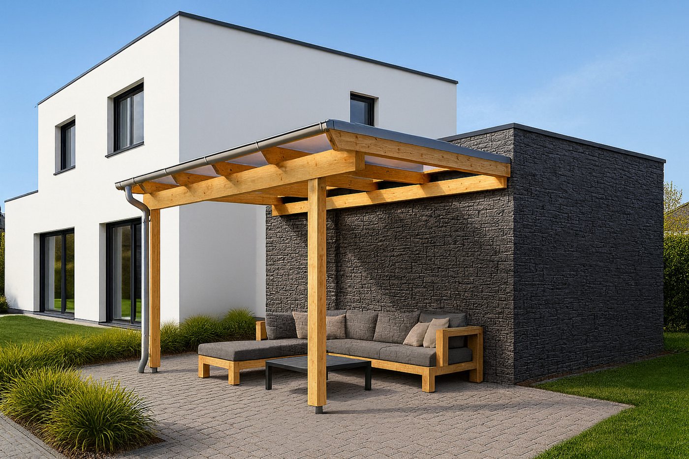 DREKU Terrassendach Leimholz Terrassendach mit 16 mm Stegplatten und H-Anker, BxT: 3.075x300 cm, (Bausatz), Bausatz zur Selbstmontage Bild 2