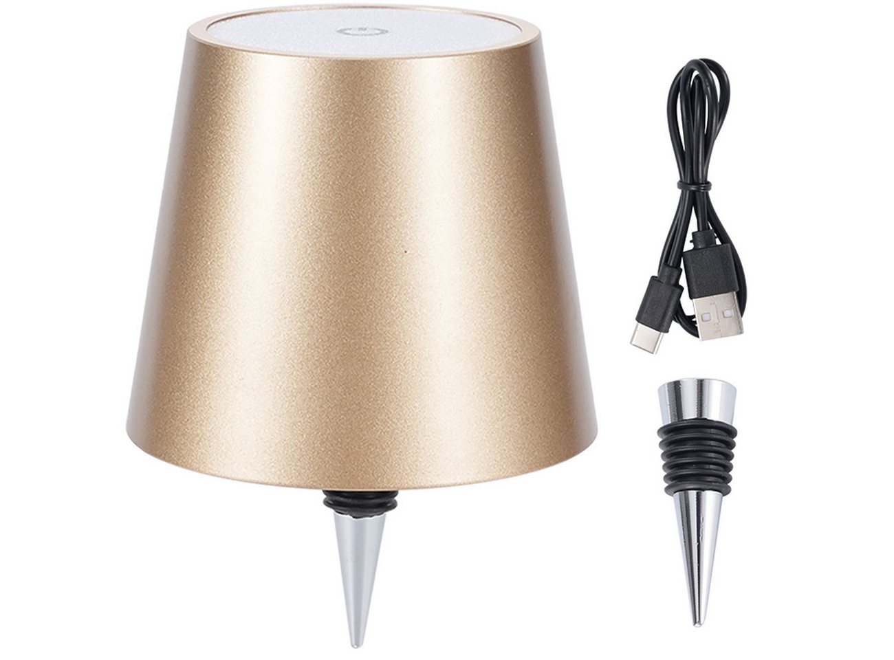 shop'n smile ideoon LED Tischleuchte Akku Flaschenlampe dimmbar LEDs in 3 Lichtfarben Ø 10,5 x14,5 cm Touch, LEDs mit 3 auswählbaren Lichtfarben, Kaltweiss / Warmweiss / Naturweiss, USB-C-Aufladung inkl. Kabel, Metall-Lampenschirm, in Gold