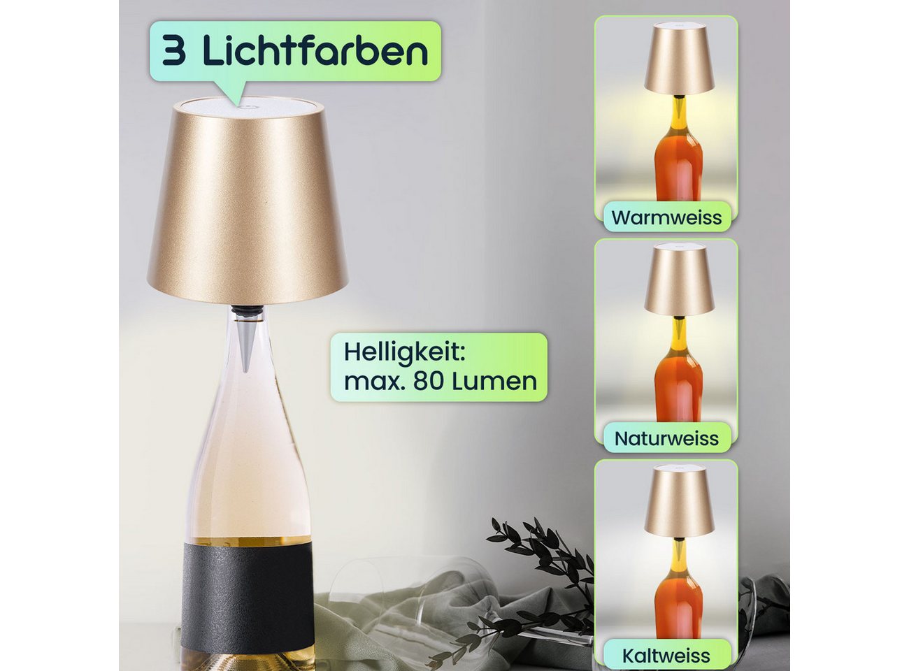 shop'n smile ideoon LED Tischleuchte Akku Flaschenlampe dimmbar LEDs in 3 Lichtfarben Ø 10,5 x14,5 cm Touch, LEDs mit 3 auswählbaren Lichtfarben, Kaltweiss / Warmweiss / Naturweiss, USB-C-Aufladung inkl. Kabel, Metall-Lampenschirm, in Gold Bild 2