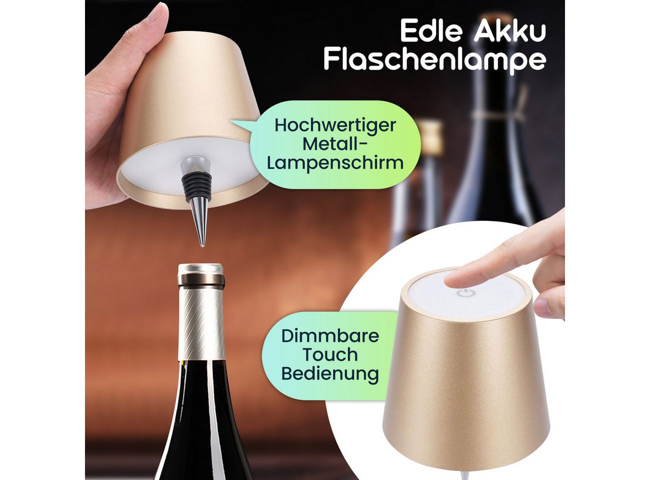 shop'n smile ideoon LED Tischleuchte Akku Flaschenlampe dimmbar LEDs in 3 Lichtfarben Ø 10,5 x14,5 cm Touch, LEDs mit 3 auswählbaren Lichtfarben, Kaltweiss / Warmweiss / Naturweiss, USB-C-Aufladung inkl. Kabel, Metall-Lampenschirm, in Gold Bild 3