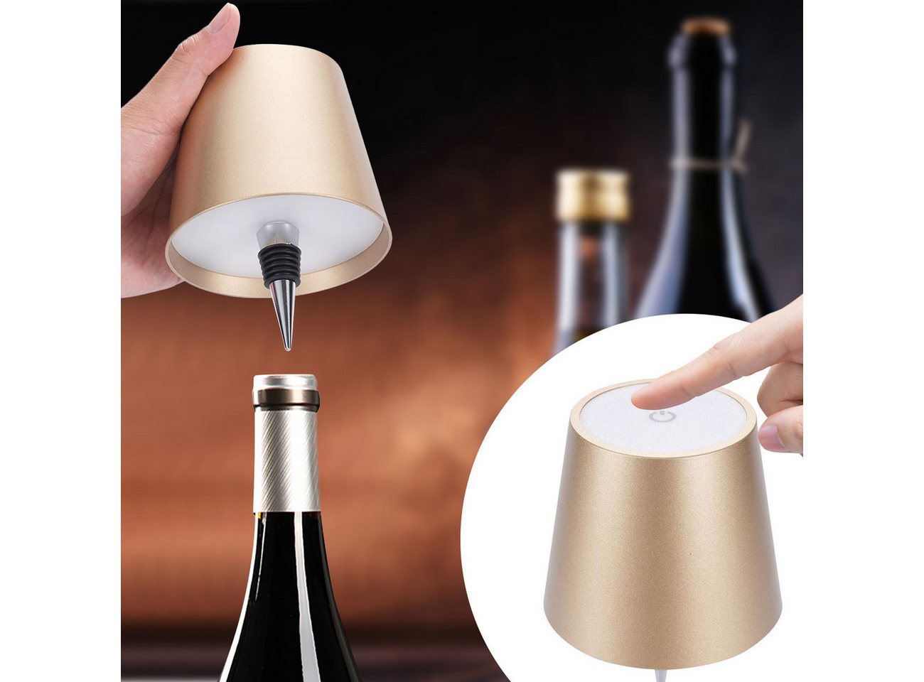 shop'n smile ideoon LED Tischleuchte Akku Flaschenlampe dimmbar LEDs in 3 Lichtfarben Ø 10,5 x14,5 cm Touch, LEDs mit 3 auswählbaren Lichtfarben, Kaltweiss / Warmweiss / Naturweiss, USB-C-Aufladung inkl. Kabel, Metall-Lampenschirm, in Gold Bild 5