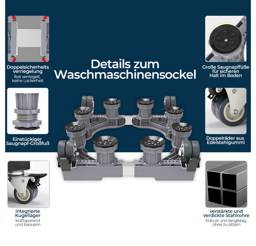 GLIESE Waschmaschinenuntergestell für Waschmaschine Kühlschrank und Trockner, Mit 8 Beine+4 Räder, Höhe und Breite verstellbar Bild 2
