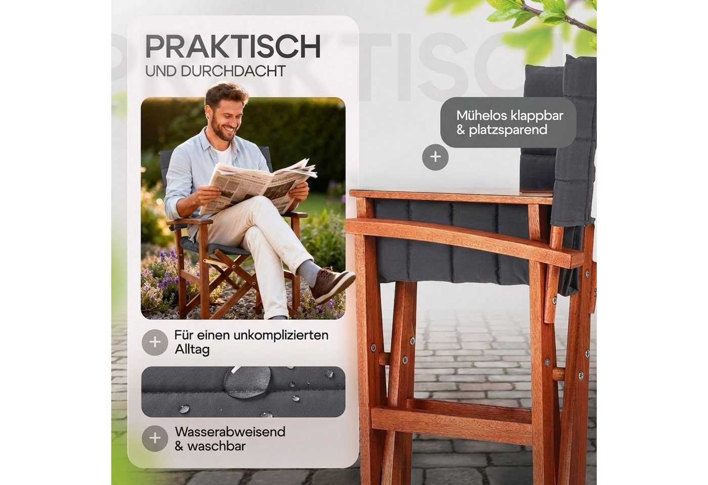 Casaria Regiestuhl, Klappbarer gepolsterter FSC®-zertifizierter Holz Stuhl bis 160 kg Bild 2
