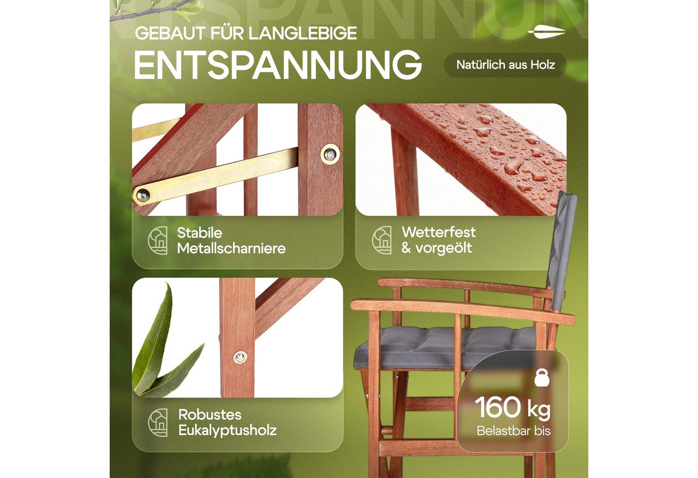 Casaria Regiestuhl, Klappbarer gepolsterter FSC®-zertifizierter Holz Stuhl bis 160 kg Bild 4