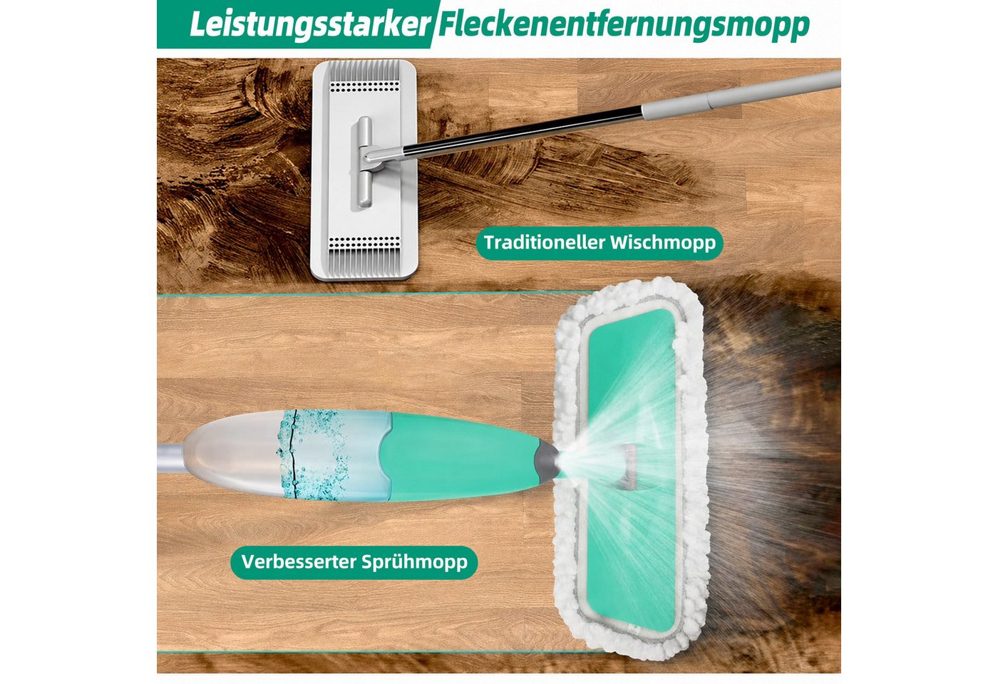 HUGERSTONE Sprühwischer Wischmopp Set mit 3 Mikrofaser Pads, Bodenwischer mit Sprühfunktion (Wischmopp mit 435ml Wassertank) Nass und Trockenwischer, 360 Grad Rotierender Wischmop für alle Böden Bild 2