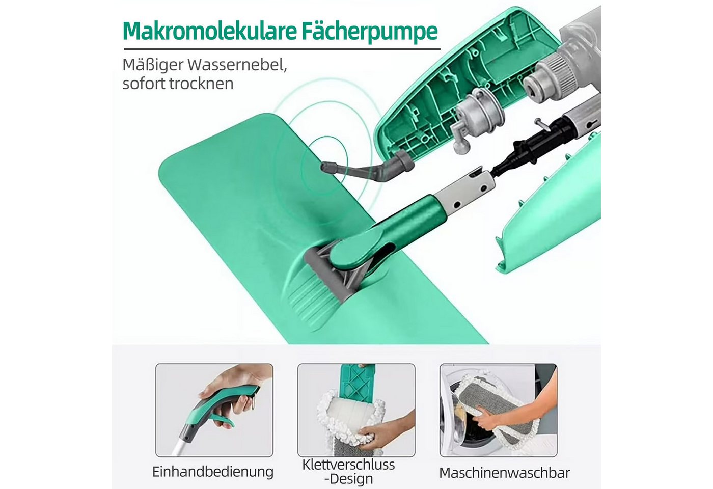 HUGERSTONE Sprühwischer Wischmopp Set mit 3 Mikrofaser Pads, Bodenwischer mit Sprühfunktion (Wischmopp mit 435ml Wassertank) Nass und Trockenwischer, 360 Grad Rotierender Wischmop für alle Böden Bild 4