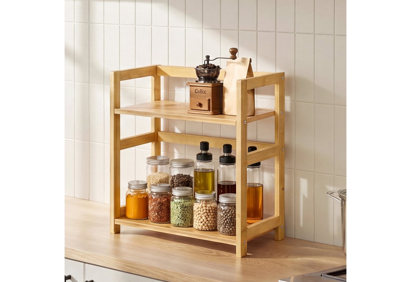 SONGMICS Gewürzregal Küchenregal, Aufbewahrungsregal, für Arbeitsplatte, Bambusgestell, mit 2 Ebenen, für Küche, Esszimmer, Büro