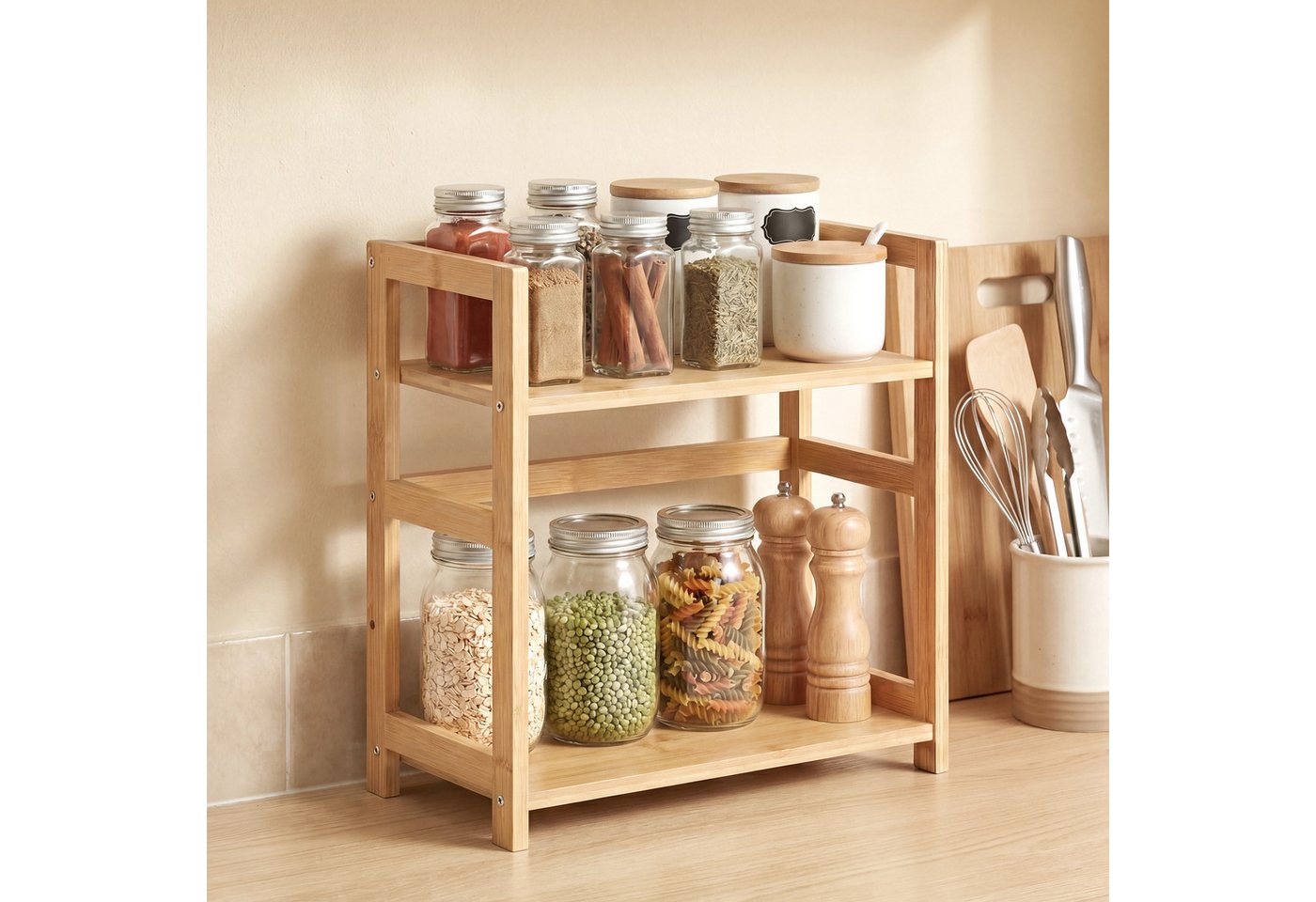 SONGMICS Gewürzregal Küchenregal, Aufbewahrungsregal, für Arbeitsplatte, Bambusgestell, mit 2 Ebenen, für Küche, Esszimmer, Büro Bild 3