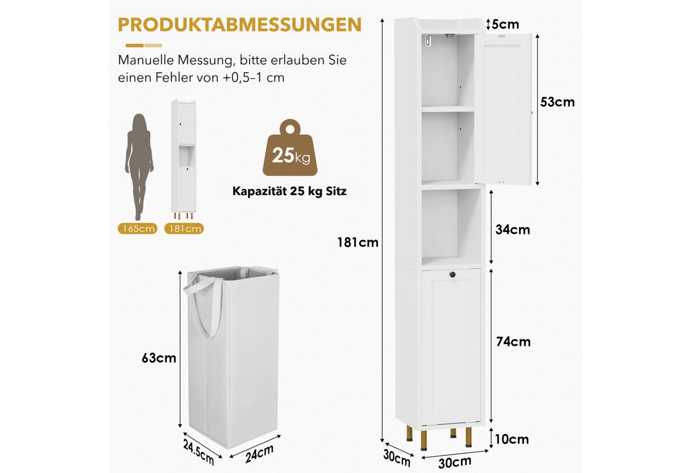 TLGREEN Badkommode Badezimmerschrank mit Wäschekorb, (37 L Wäschebeutel, Standschrank mit 4 Aufbewahrungszonen), verstellbare Böden, 25 kg Tragkraft, Kippschutz