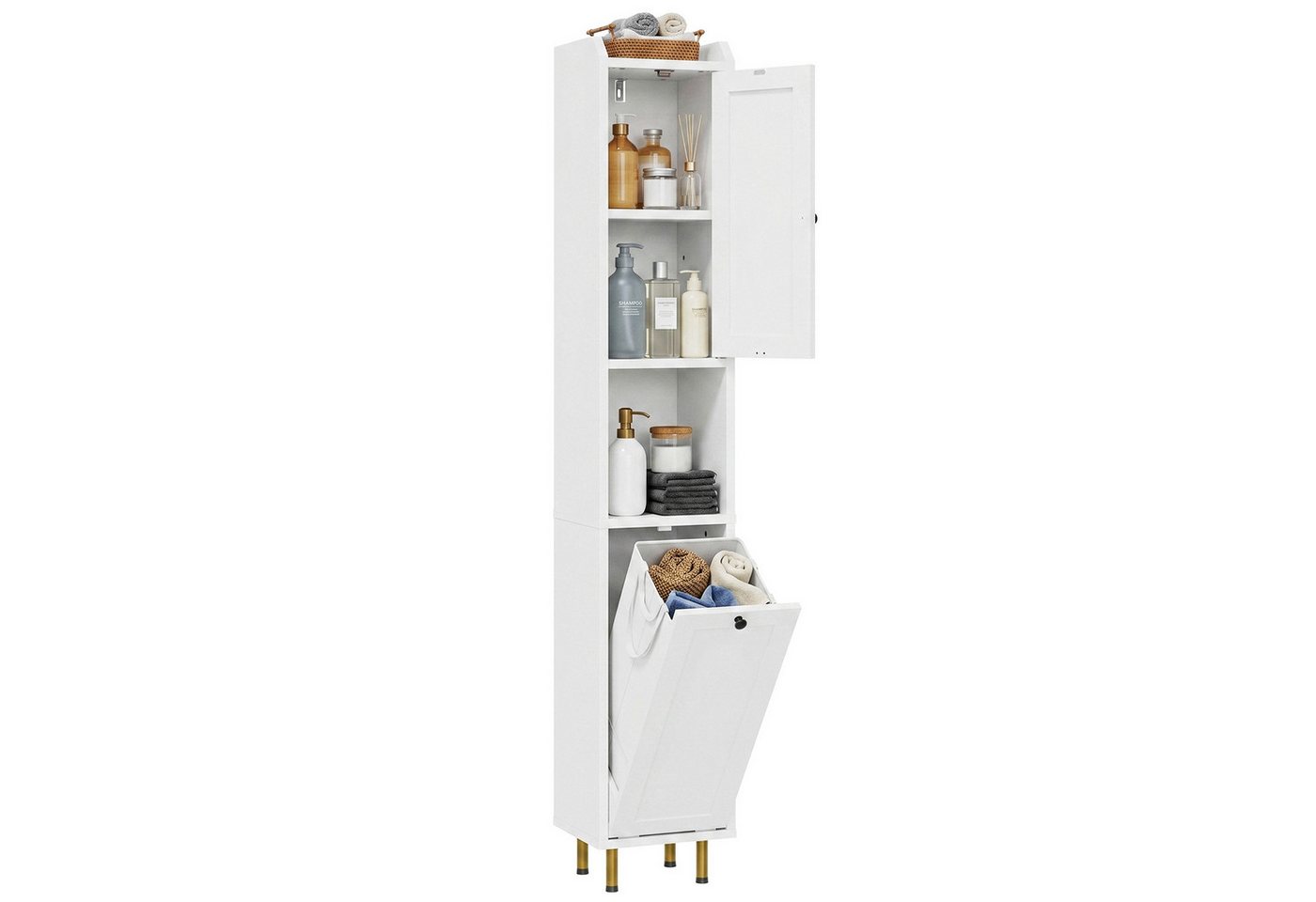 TLGREEN Badkommode Badezimmerschrank mit Wäschekorb, (37 L Wäschebeutel, Standschrank mit 4 Aufbewahrungszonen), verstellbare Böden, 25 kg Tragkraft, Kippschutz Bild 2