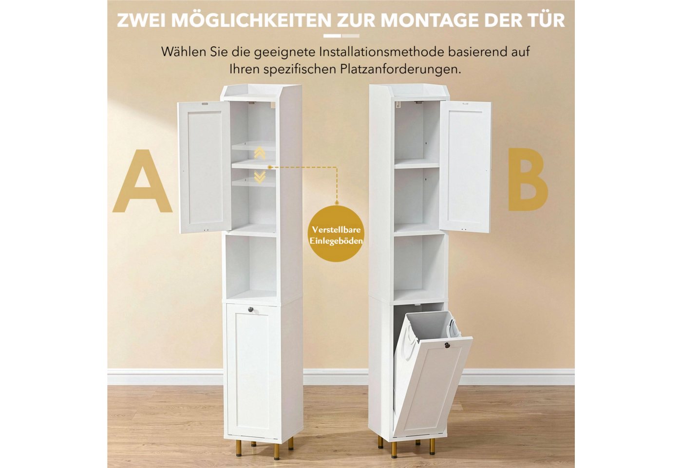TLGREEN Badkommode Badezimmerschrank mit Wäschekorb, (37 L Wäschebeutel, Standschrank mit 4 Aufbewahrungszonen), verstellbare Böden, 25 kg Tragkraft, Kippschutz Bild 4