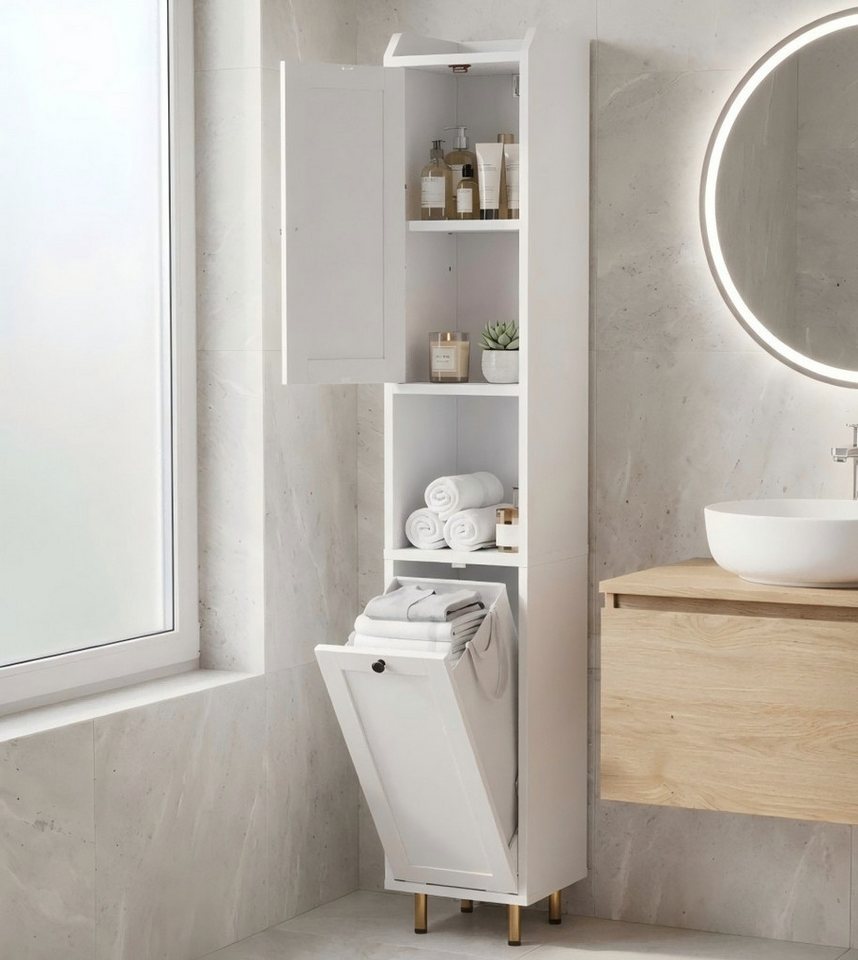 TLGREEN Badkommode Badezimmerschrank mit Wäschekorb, (37 L Wäschebeutel, Standschrank mit 4 Aufbewahrungszonen), verstellbare Böden, 25 kg Tragkraft, Kippschutz Bild 5