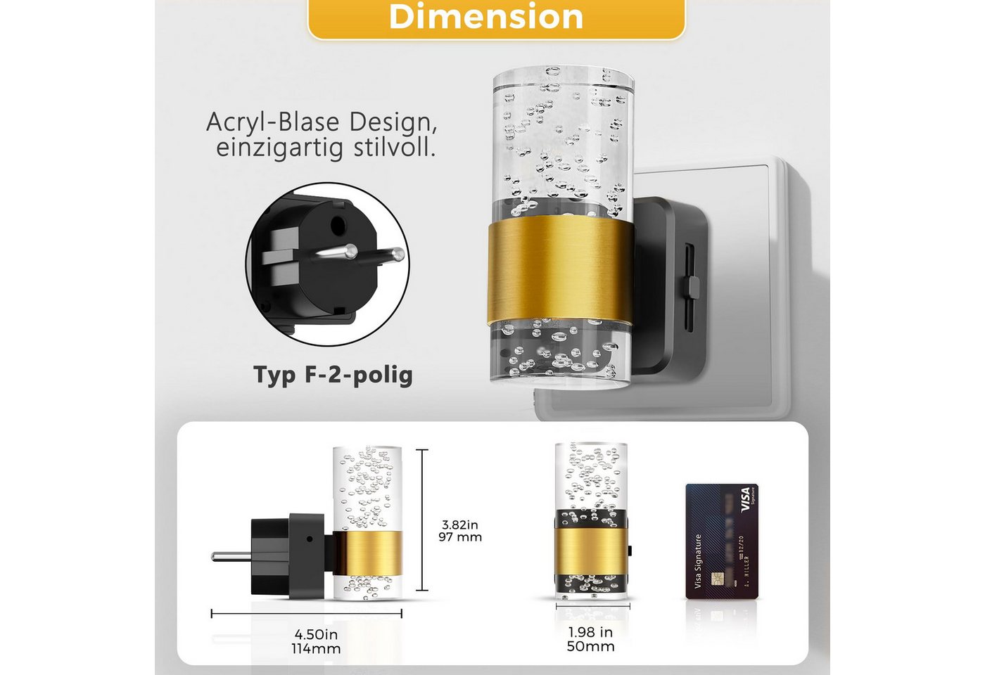LOHAS-LED Nachtlicht 2er Set Stecknachtlicht mit stufenloser Dimmung, 2700K, LED fest integriert, Warmweiß, Gold-Akzent & blendfreie Auf-Ab-Beleuchtung