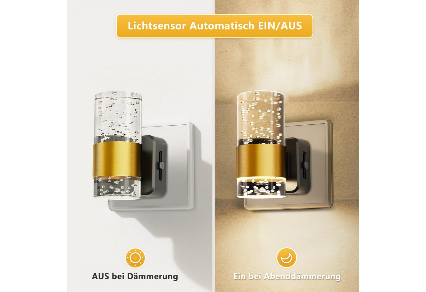 LOHAS-LED Nachtlicht 2er Set Stecknachtlicht mit stufenloser Dimmung, 2700K, LED fest integriert, Warmweiß, Gold-Akzent & blendfreie Auf-Ab-Beleuchtung Bild 5