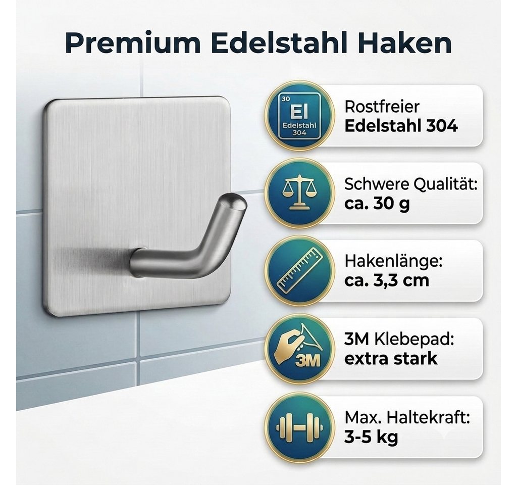 TECBULL Handtuchhaken Klebehaken aus Edelstahl, Wandhaken selbstklebend, V2, (5-St) Bild 3