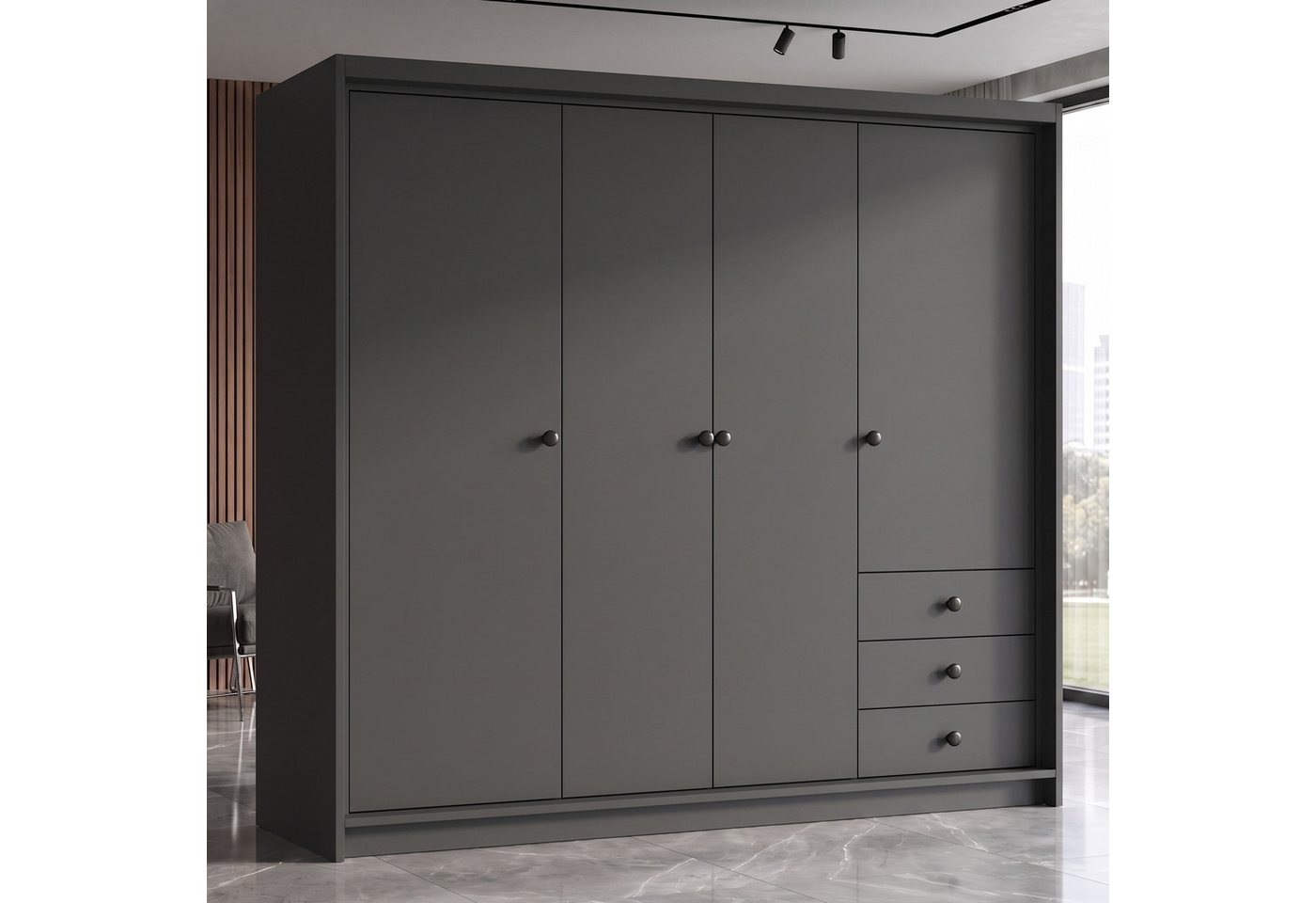A&J MöbelLand GmbH Drehtürenschrank FALKEN– viertüriger Kleiderschrank 200 cm (Geräumiger viertüriger Kleiderschrank mit Schubladen. Geräumiger Schrank mit einer Breite von 200 cm und Schubladen, ideal zur Aufbewahrung von Kleidung und Accessoires. Viel Stauraum. TOP PRODUKT! Wählen Sie das ideale Modell für Ihr Schlafzimmer!, TOP ANGEBOT) Breite: 200 cm, Höhe: 215 cm, Tiefe: 59,5 cm