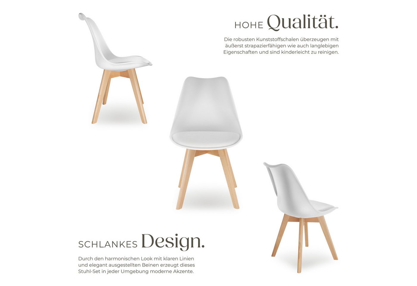 tectake Esszimmerstuhl Küchenstuhl Scandi-Design, gepolsterte Sitzfläche, 49 x 53 x 82 cm (Polsterstuhl Frederikke in weiß, 2 St), ergonomische Form, massive Holzbeine, bodenschonende Filzgleiter