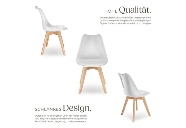 tectake Esszimmerstuhl Küchenstuhl Scandi-Design, gepolsterte Sitzfläche, 49 x 53 x 82 cm (Polsterstuhl Frederikke in weiß, 2 St), ergonomische Form, massive Holzbeine, bodenschonende Filzgleiter