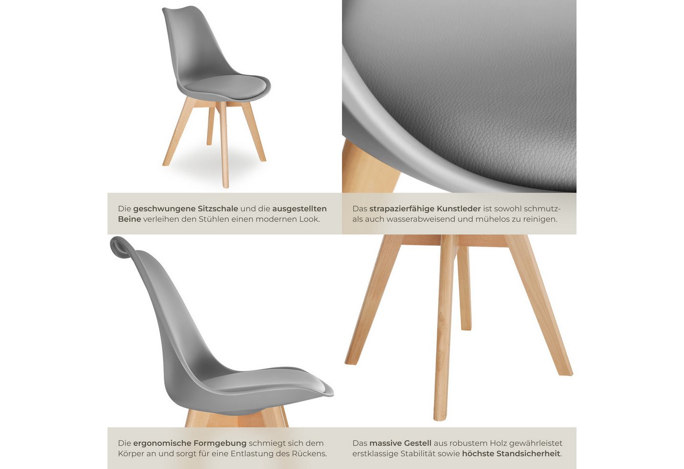 tectake Esszimmerstuhl Küchenstuhl Scandi-Design, gepolsterte Sitzfläche, 49 x 53 x 82 cm (Polsterstuhl Frederikke in weiß, 2 St), ergonomische Form, massive Holzbeine, bodenschonende Filzgleiter Bild 3