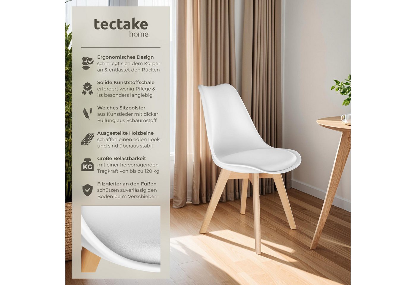 tectake Esszimmerstuhl Küchenstuhl Scandi-Design, gepolsterte Sitzfläche, 49 x 53 x 82 cm (Polsterstuhl Frederikke in weiß, 2 St), ergonomische Form, massive Holzbeine, bodenschonende Filzgleiter Bild 4