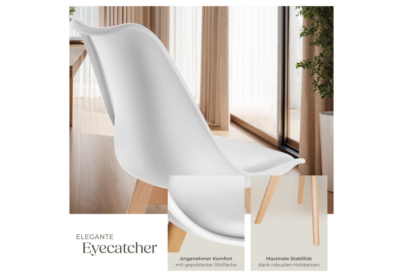 tectake Esszimmerstuhl Küchenstuhl Scandi-Design, gepolsterte Sitzfläche, 49 x 53 x 82 cm (Polsterstuhl Frederikke in weiß, 2 St), ergonomische Form, massive Holzbeine, bodenschonende Filzgleiter Bild 5