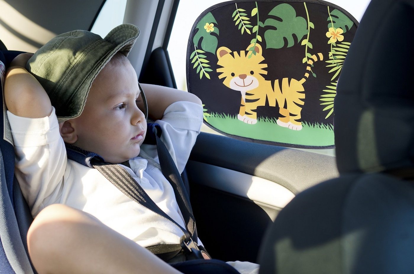 HECKBO Sonnenschutz Auto Sonnenblende mit 8 Saugnäpfen - Dschungel Tiere Motiv Bild 3